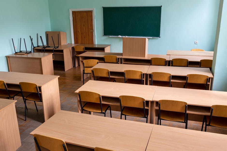 An empty classroom featuring rows of wooden desks and a green chalkboard, creating a quiet, educational atmosphere.